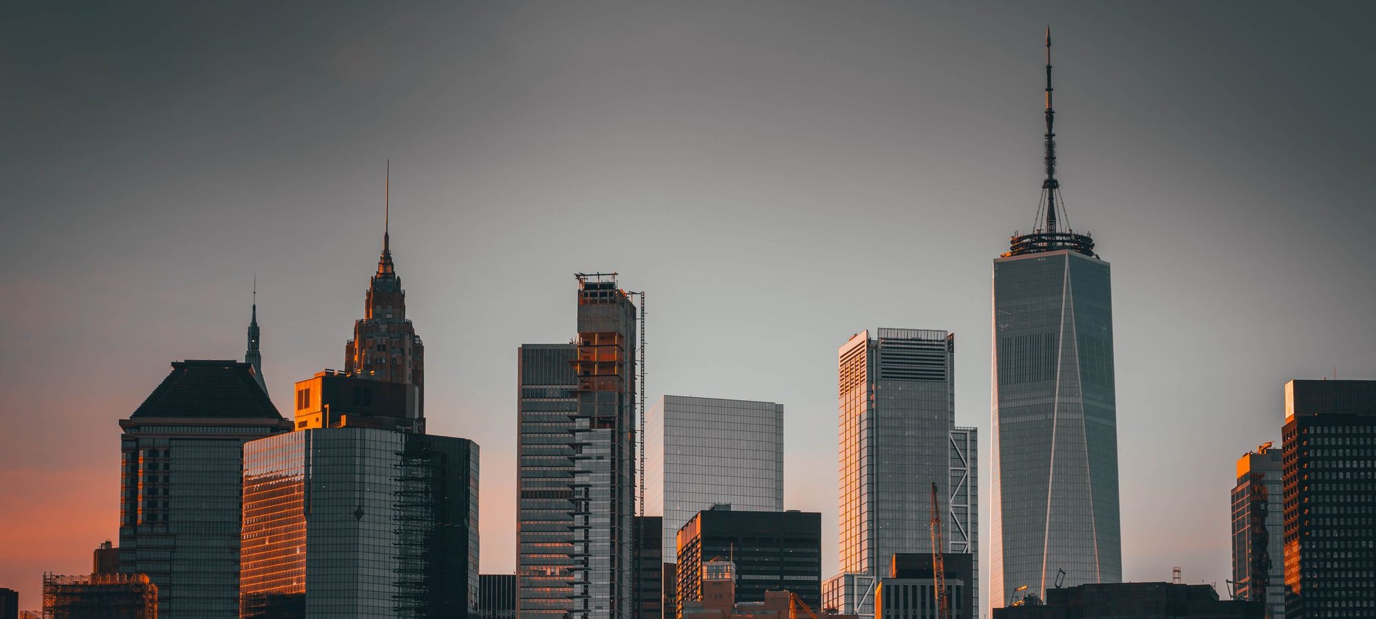 Lower Manhattan skyline at sunset, New York