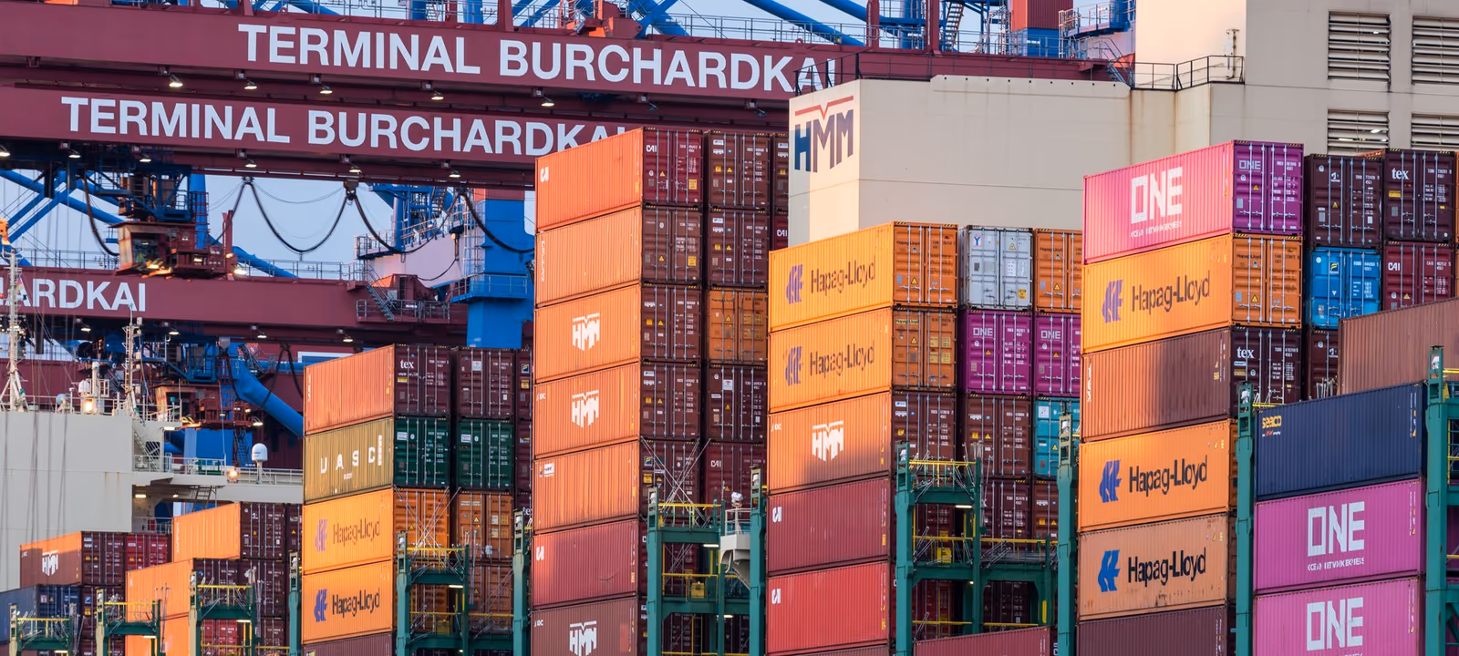 Stacked shipping containers at a port with gantry cranes above them
