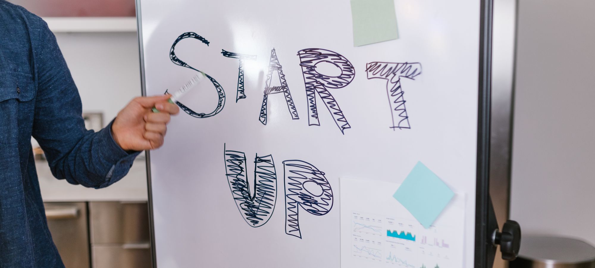 A startup plan written on a whiteboard
