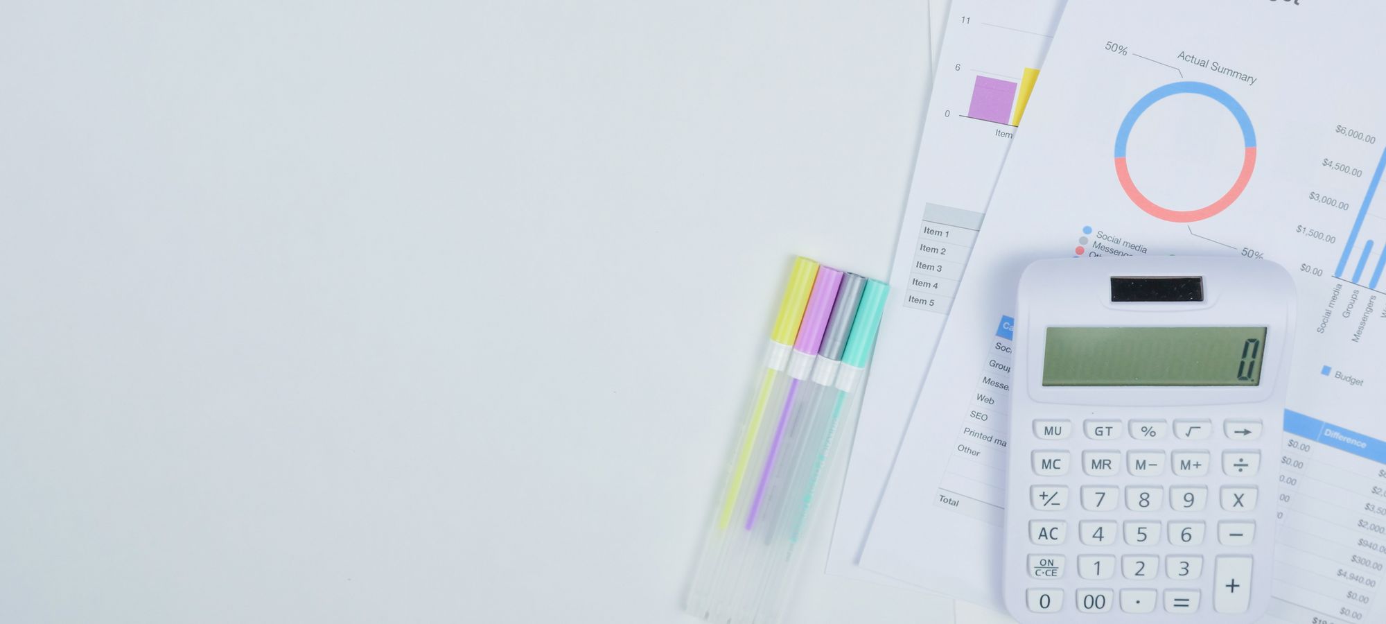 A calculator and budget planning sheets on a desk