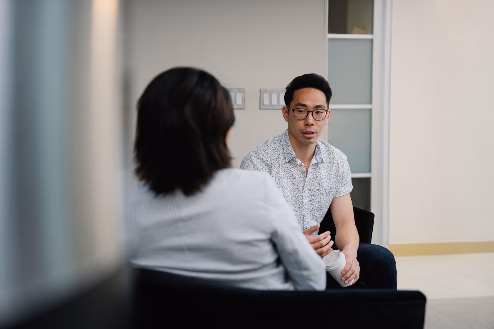 A senior candidate interview in a modern office