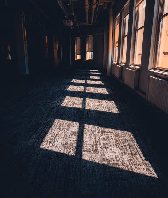 An office floor with a city view